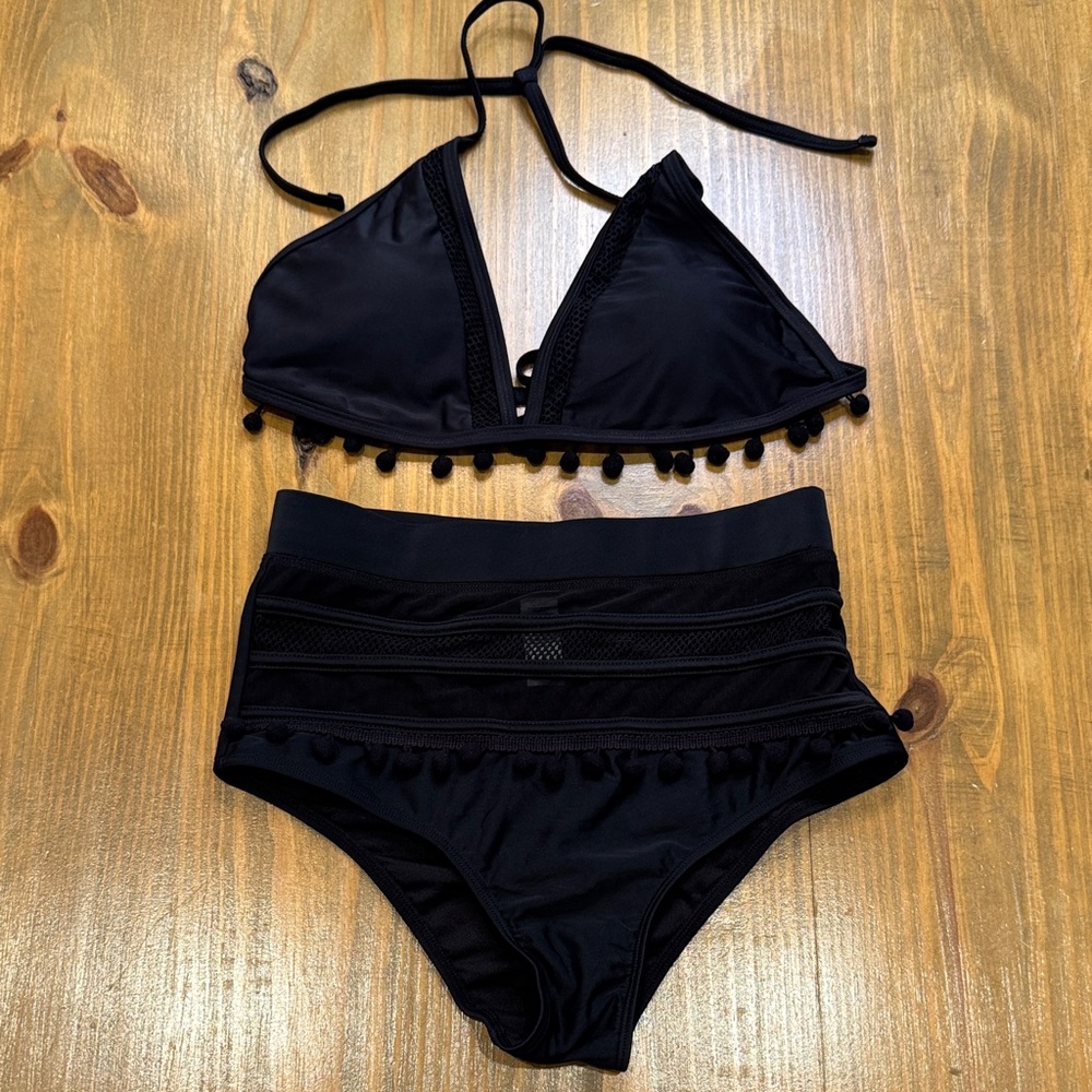 Black triangle Bikini with pom poms high waisted swim NWOT women’s swimwear